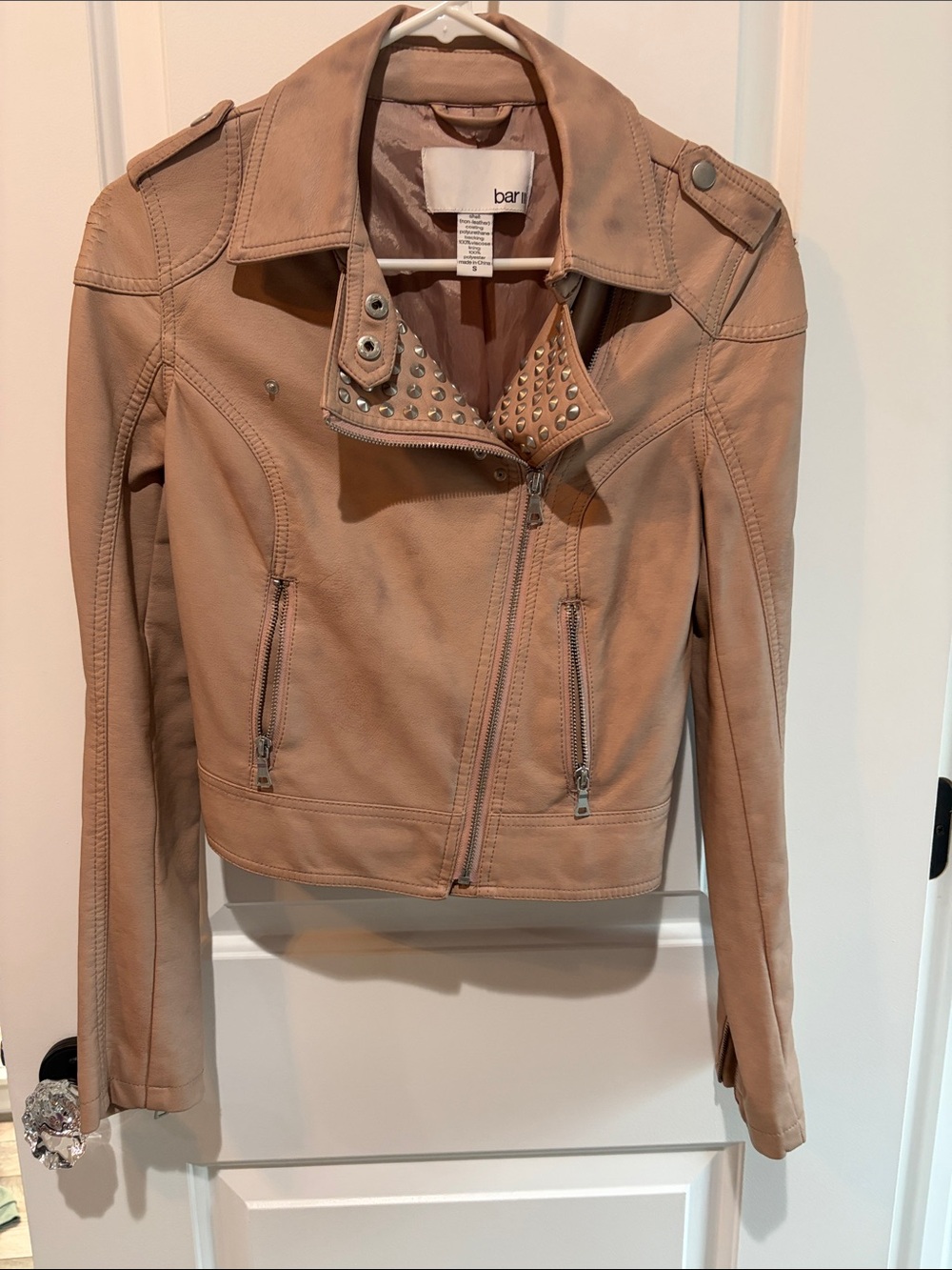 Bar III Taupe Studded Leather Moto Jacket